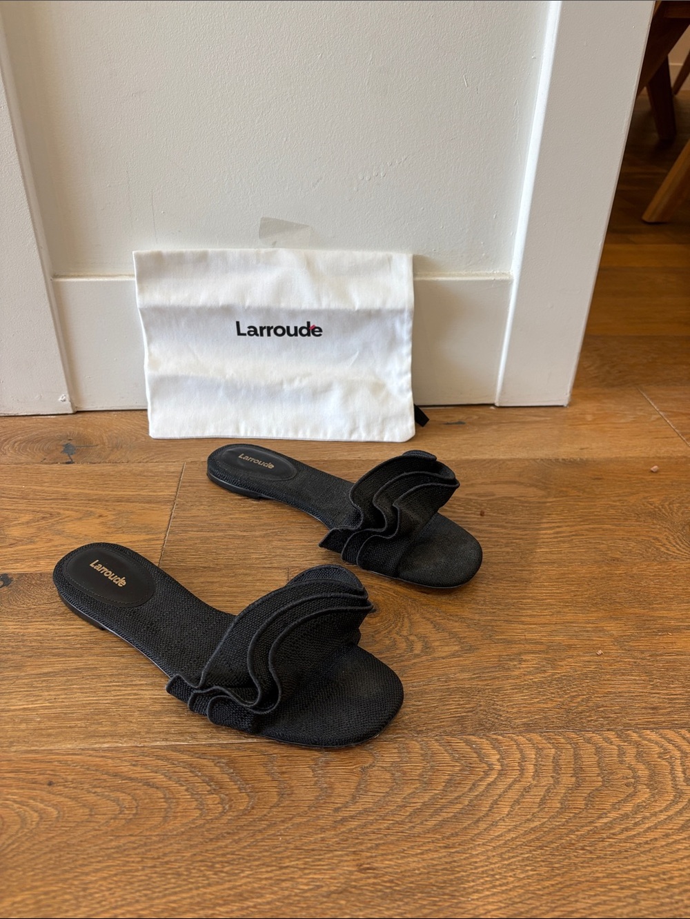 Larroude Black Ruffle Slide Sandals